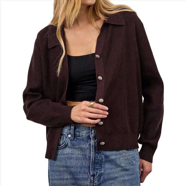 Suéter de Cuello de Solapa para Mujer, Chaqueta de Punto con Botones y Abertura Frontal, Cárdigan de Larga con Botones Color Café M