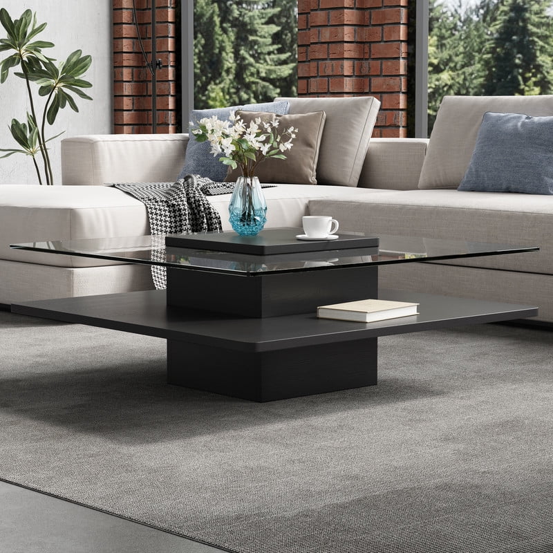 31.5''W Square Cocktail Coffee Table with Clear Tempered Glass Top, 2-Tier Accent Center Table with Open Storage Shelf