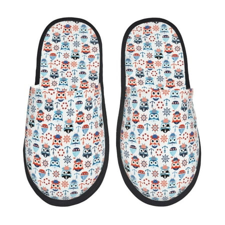 Balery Nautical And Pirate Owls Slient Indoor Furry Fleece Comfort House Shoes Soft Non-Slip Home Shoes Cotton slippers House Slippers-- Large