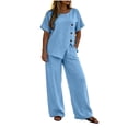 thumbnail image 6 of Two Piece Lounge Sets for Women Fashion Buttons Side Slit Solid Color Round Neck Short Sleeve Tops Elastic Waist Pants Sets Lounge Sets Wide Leg Pants Sets with Pockets, 6 of 7