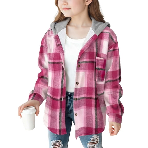 XXWXYD Teen Girls Plaid Jacket Fleec𝖾 Flannel Button Down Shirt Coat Long Sleeve Hooded Coats 4-15 Years Outerwear Fall Winter Lined Warm Casual Style
