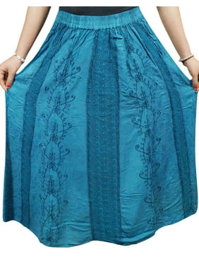 Mogul Women's Skirt Blue Embroidered Elastic Waist Boho Style Summer Skirts