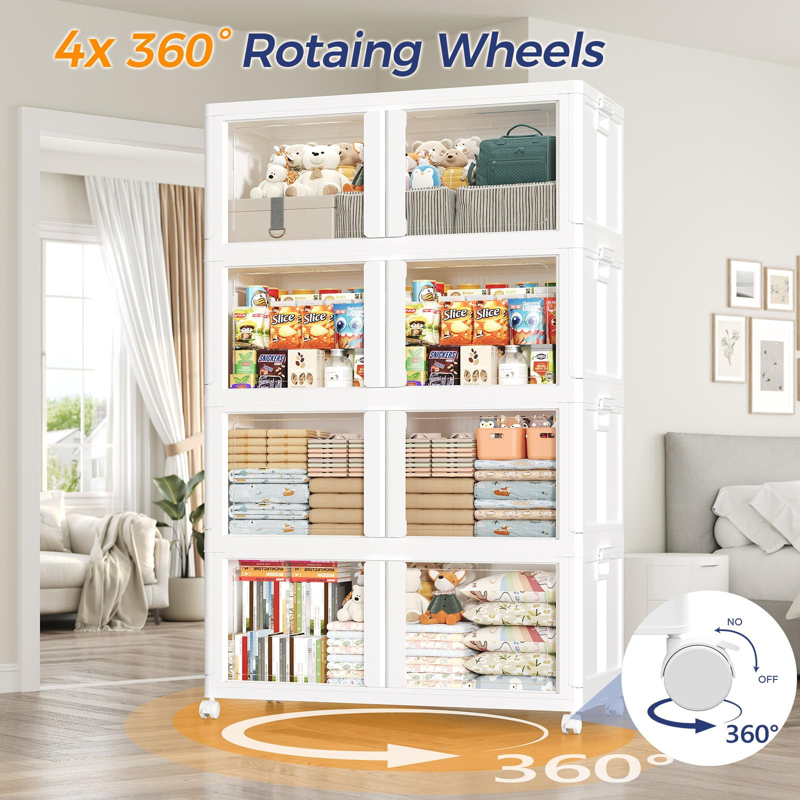 Fangtueh Large Stackable Storage Bins with Lid and Wheels,  Collapsible Foldable Box Closet Organizers, Folding Plastic Cabinet Cube Drawer for Kitchen Bedroom Living Room,White,50Gal-3Pack