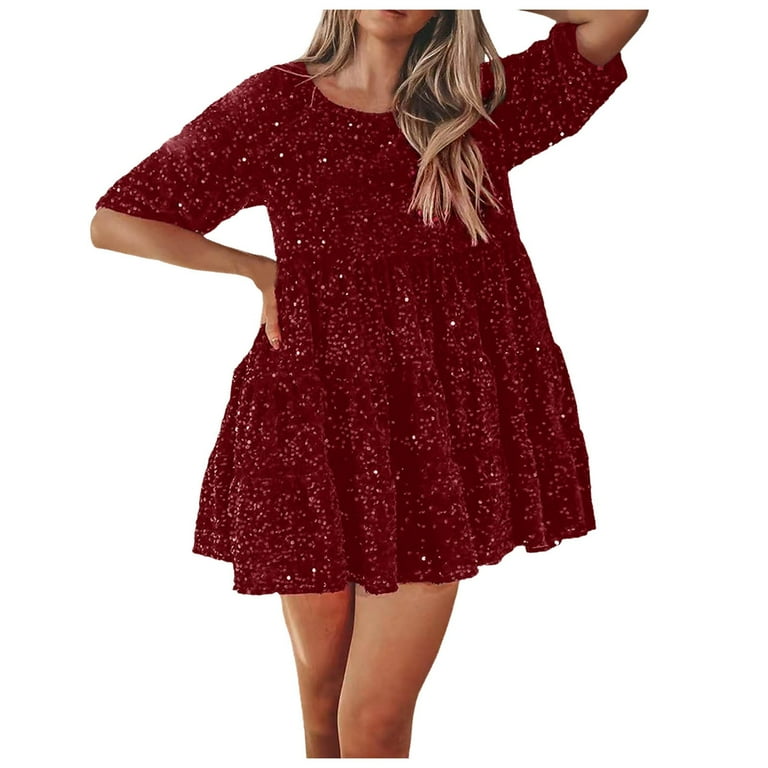 Women Sequin Mini Dress Short Sleeve Casual Glitter Tunic T Shirt Dress  Tiered Party Club Disco Dance Mini Dresses Elegant Dress for Women Dress  Women ...