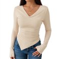 thumbnail image 2 of WTOBBY Women's Long Sleeve V-Neck Shirt Slim Fit Blouse Top, Asymmetric Hem Stacked Neck Sexy Going Out Tops for Fall Events,Beige L, 2 of 4