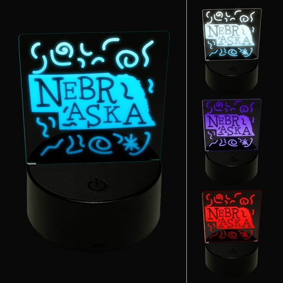 Nebraska State with Text Swirls LED Night Light Sign 3D Illusion Desk Nightstand Lamp