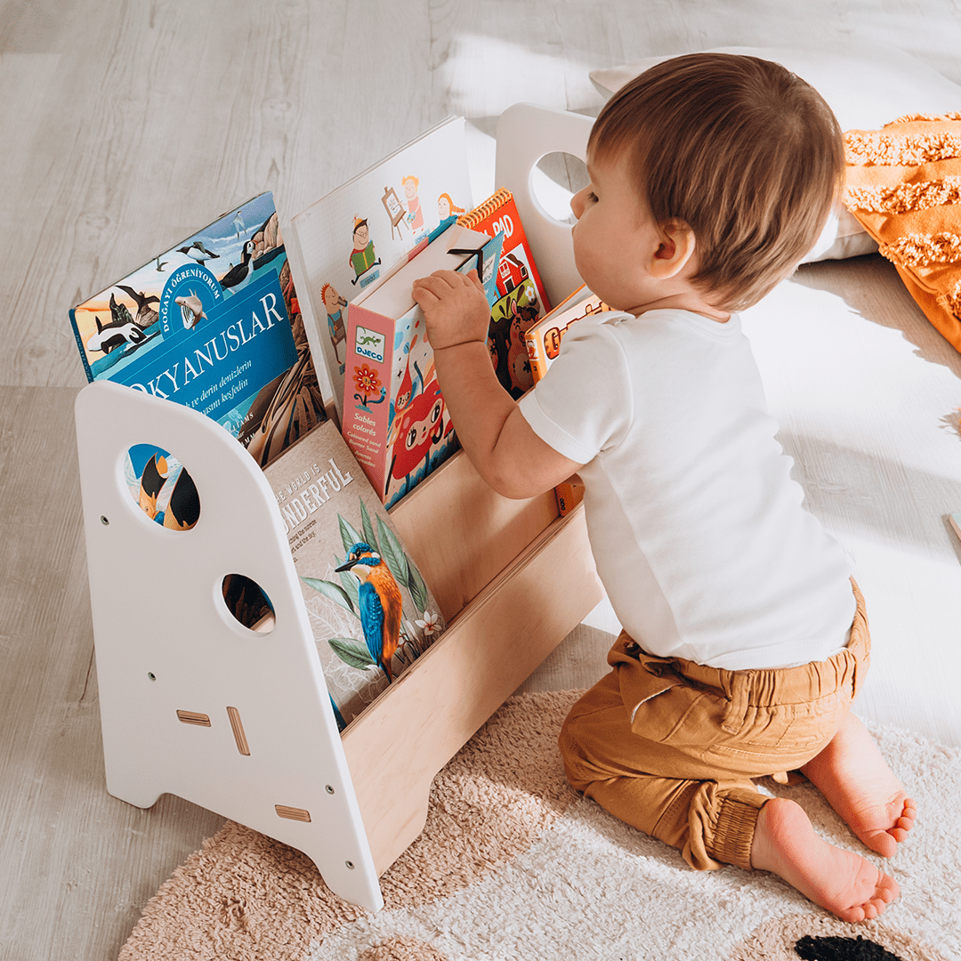WoodandHearts Montessori Wooden 2-Shelves Adam Floor Bookshelf for Toddlers, White and Natural Wood