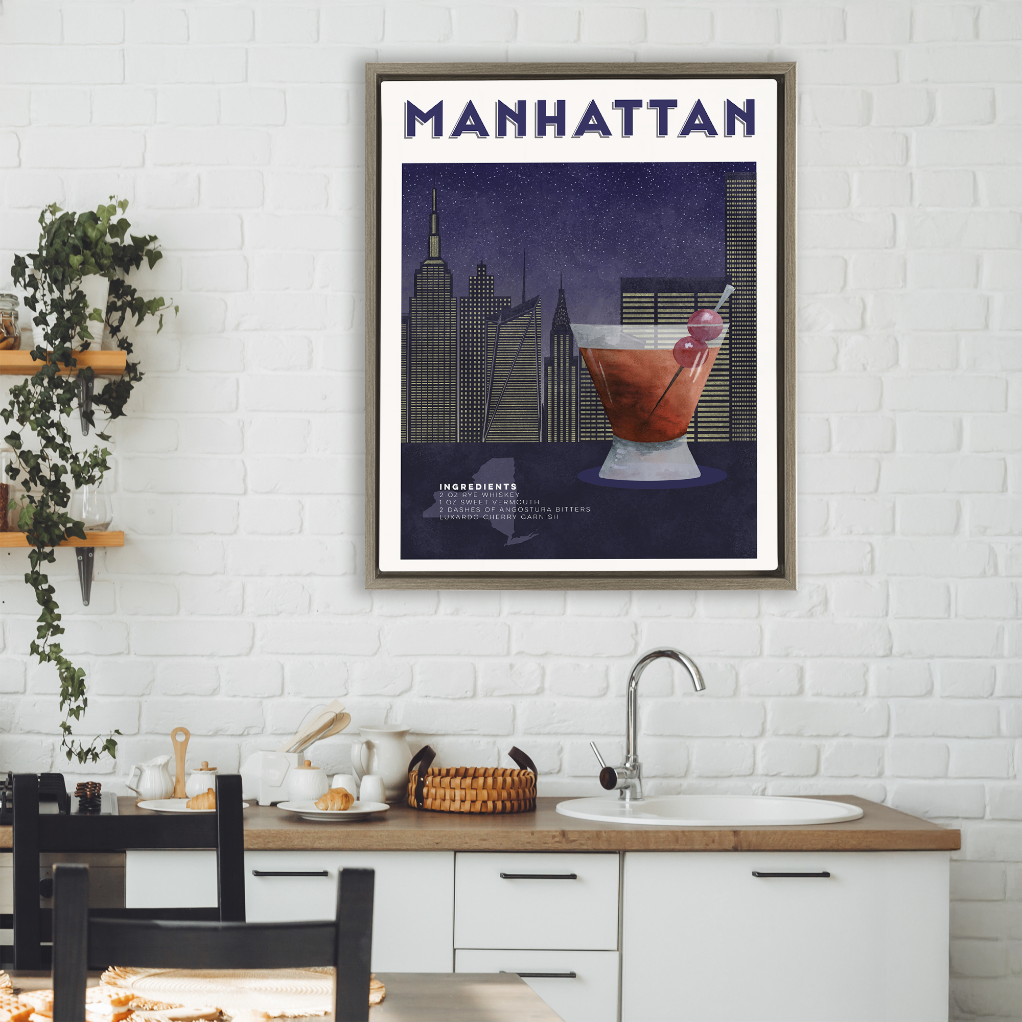 Retro Manhattan Cocktail Cityscape Brown Framed Floater Canvas Wall Art, design by Brett Blumenthal