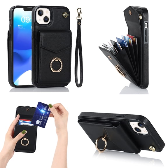 Case Compatible with iPhone 11, Premium Synthetic Leather Magnetic Buckle Wallet Card Slot with Ring Holder Stand Wrist Strap Back Phone Cover For iPhone 11 - 6.1, Black