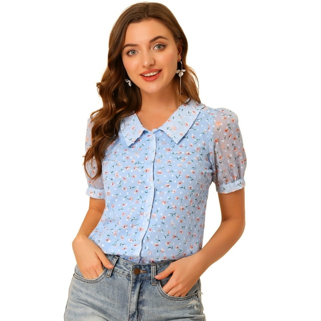 INSPIRE CHIC Blouse à Manches Bouffantes pour Femmes avec Col Boutonné et Motif Floral