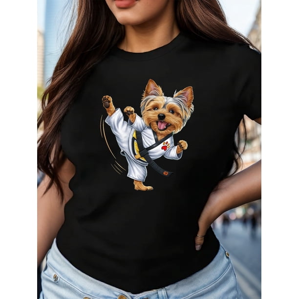 Short Sleeve, Crew Neck Yorkshire Terrier Martial Arts Print T-shirt for Spring & Summer, Women's Leisure Clothing