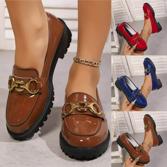 Miluxas Platform Bottom Loafers Women's Round Toe Leather Shoes Shallow Mouth Slip On Loafers with Buckle Red 9.5(43)