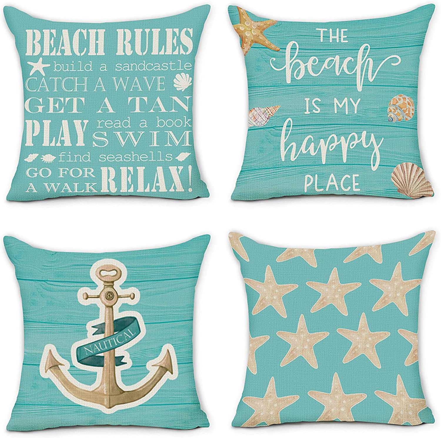 Throw Pillow Case Covers Set 4 Nautical Beach Sofa Home Decor Navy Blue Anchor 