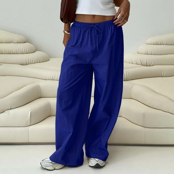 Sakmal Pleated Women's Pants Wide Leg Lounge Drawstring Comfy Mid Rise Blue Solid Full Length Pants with Pockets