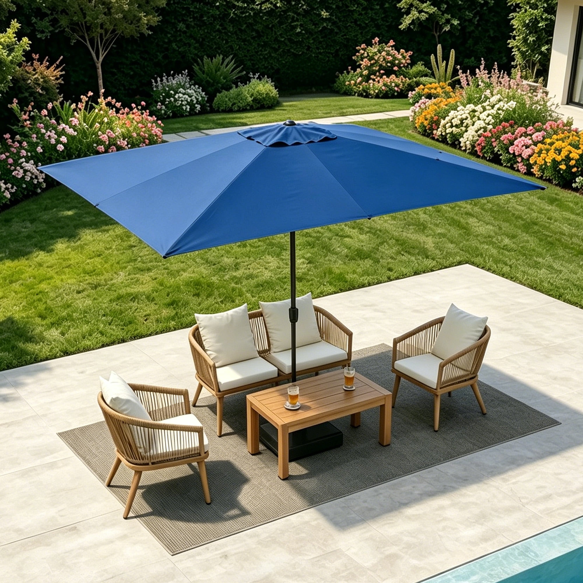 Kool 10x6.5ft Rectangular Patio Umbrella with Crank Handle, Outdoor Market Umbrella with 6 Sturdy Umbrella Ribs, Waterproof, Royal Blue