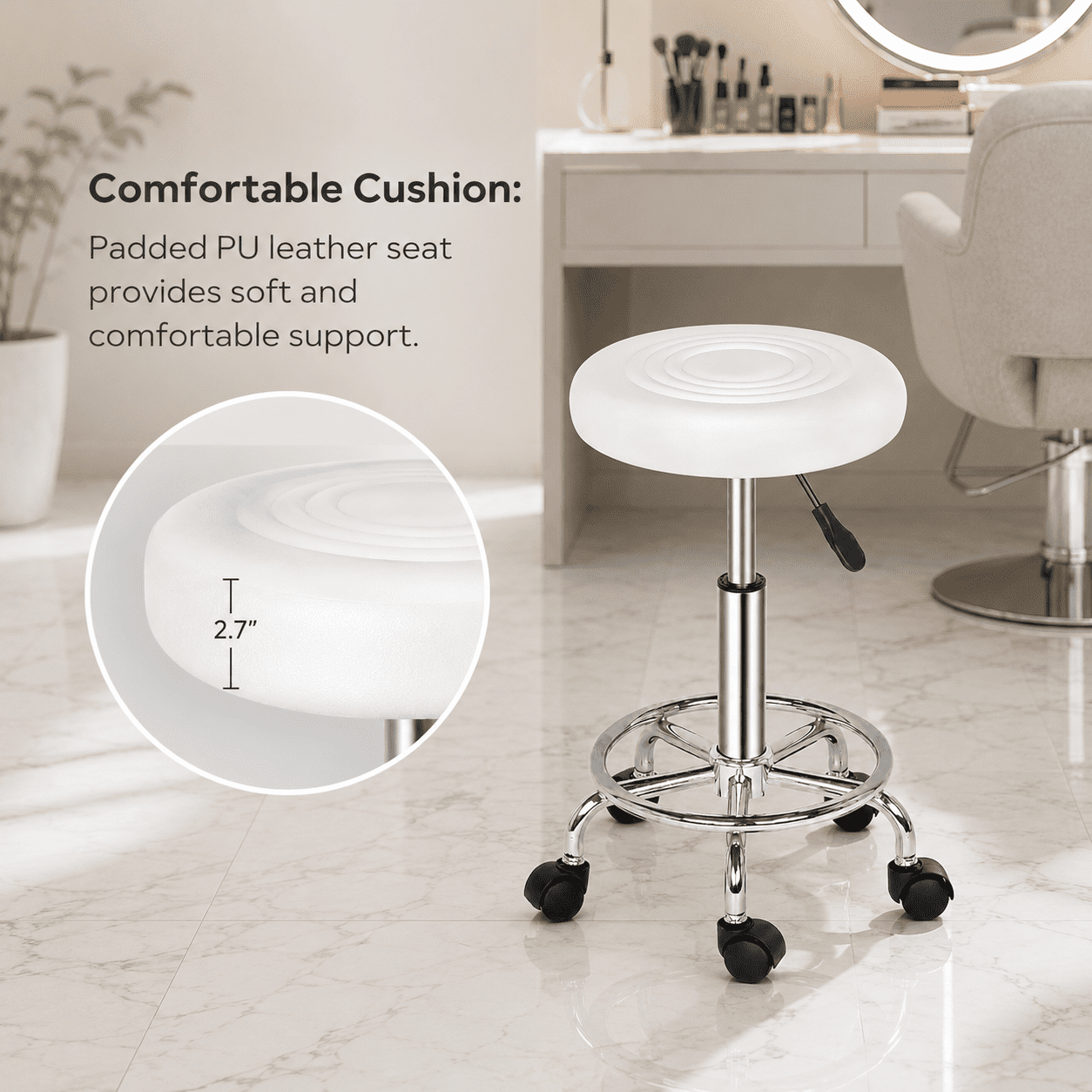 Alvantor Rolling Stool, White PU Leather Round Seat with Height Adjustment