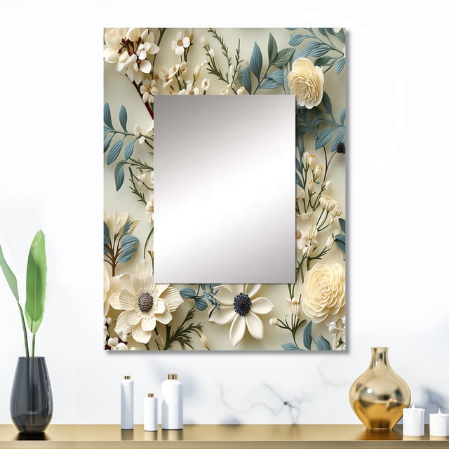 Designart "Luminous Lace Floral Design III" Floral Wall Mirror, Printed White Wall Mirror, Traditional Bathroom Wall Mirror, Decorative Floral Mirror - 24x32 Inch