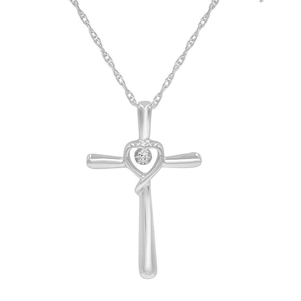 Amanda Rose - .925 Sterling Silver Heart with Diamond Cross Pendant ...