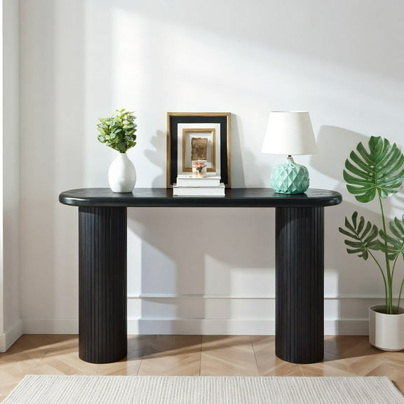 Resenkos Wood Console Table, Modern Black Console Table, 56" W fluted entryway table,Living Room, Black