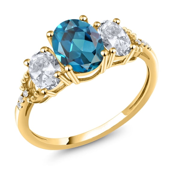 Gem Stone King 2.74 Ct Oval London Blue Topaz White Topaz 10K Yellow Gold Ring