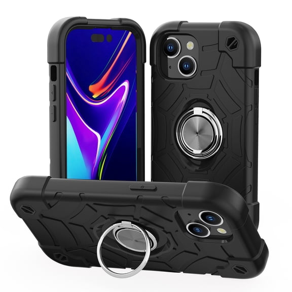 Rugged Case for iPhone 15 Ring Holder Kickstand Cover with Screen Protective Film, Heavy Duty Triple-Layers Military Grade Hybrid Shockproof Drop Resistant Case, Black