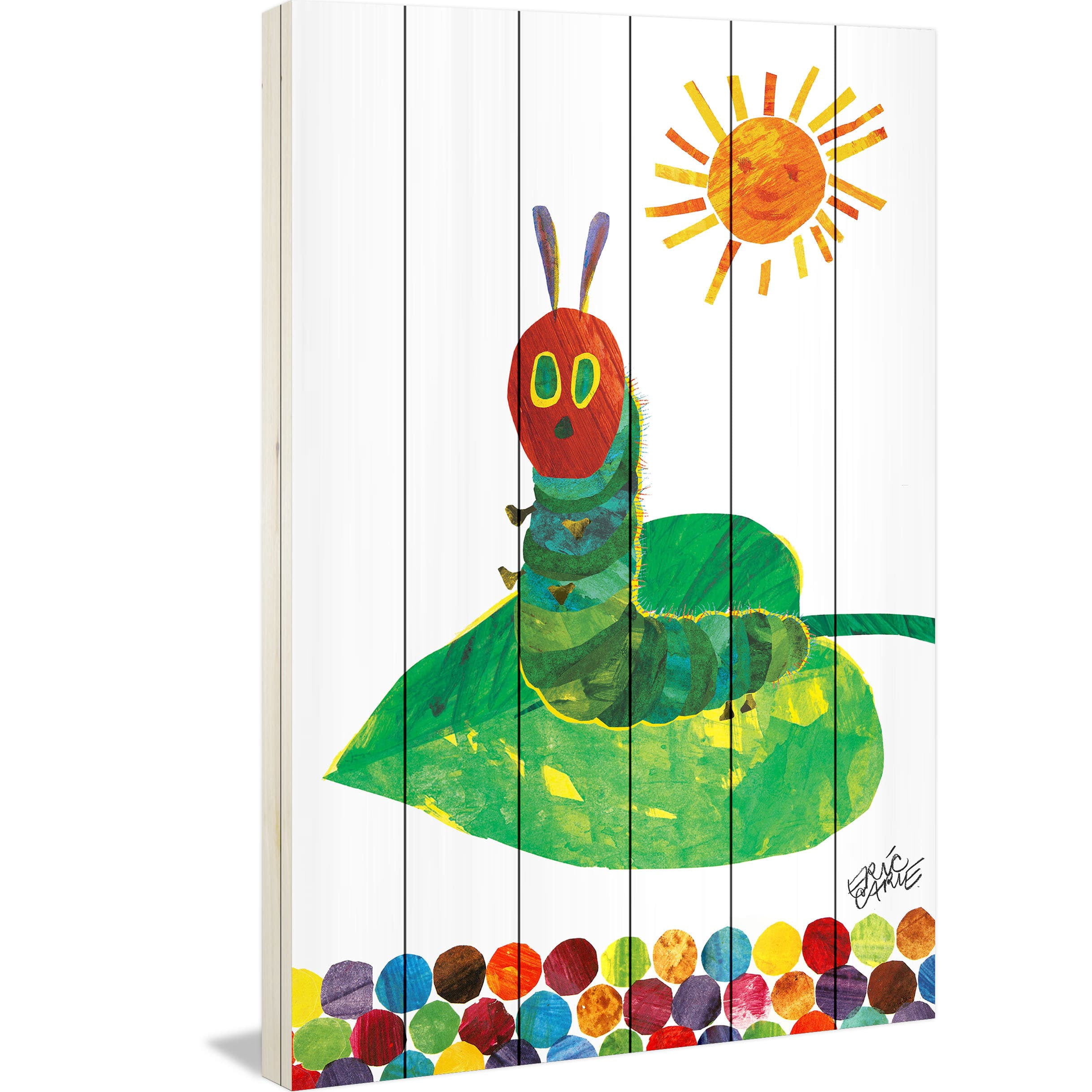 Eric Carle Sunning Caterpillar Art Print on White Pine Wood