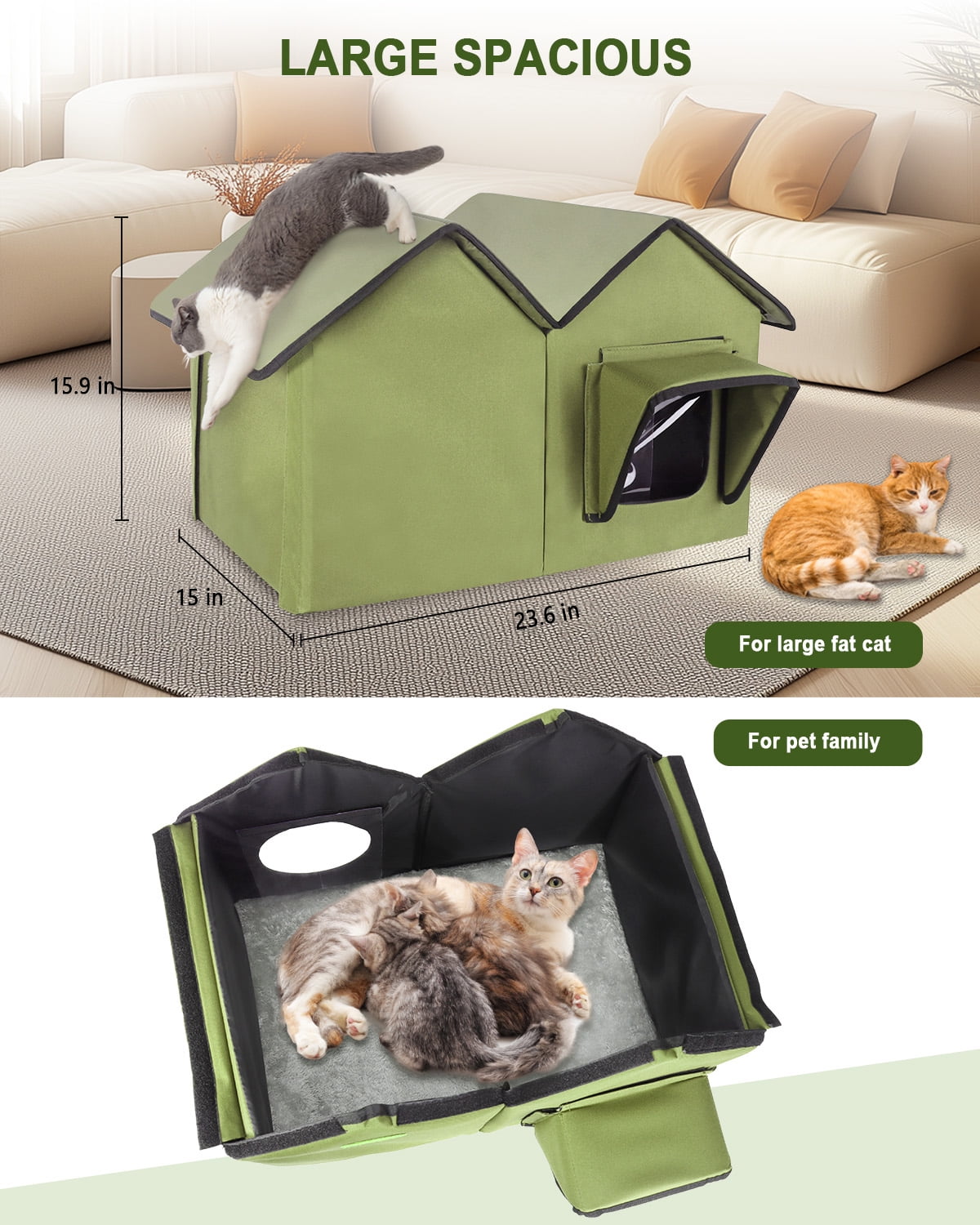 Large Outdoor Cat House Weatherproof, Elevated Feral Cat House Outdoor with a 5.9" Elevated Base, Waterproof PVC Tarpaulin roof Cat Shelter for Multiple Cats, Easy to Assemble（Green）