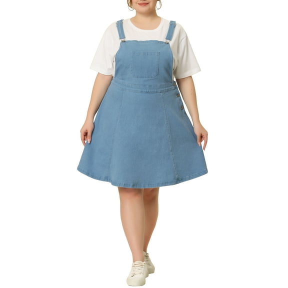 Unique Bargains Women's Plus Side Adjustable Strap Denim Overall A Line Denim Dress 3X Light Blue