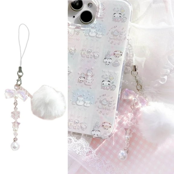 AOOOWER White Snowball Cell Phone Charm Beaded Keychain Ball Keyring Pendant Decor