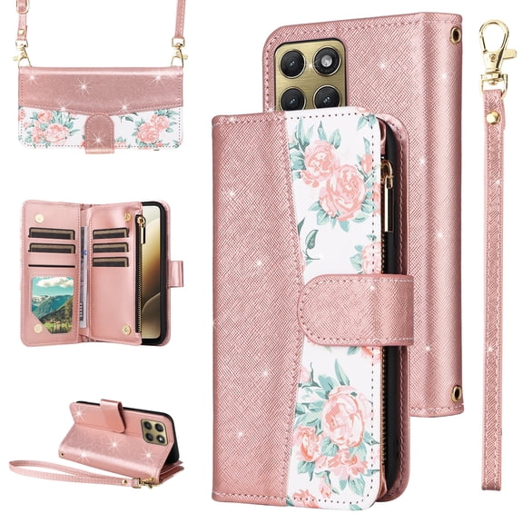 Furiet for Motorola Edge 5G 2026 Floral Wallet Case & Flip Zipper Purse Wrist/Shoulder Strap Luxury Glitter PU Leather Card Holder Stand Accessories Cell Phone Cover for Moto Edge2026 Women Rose Gold
