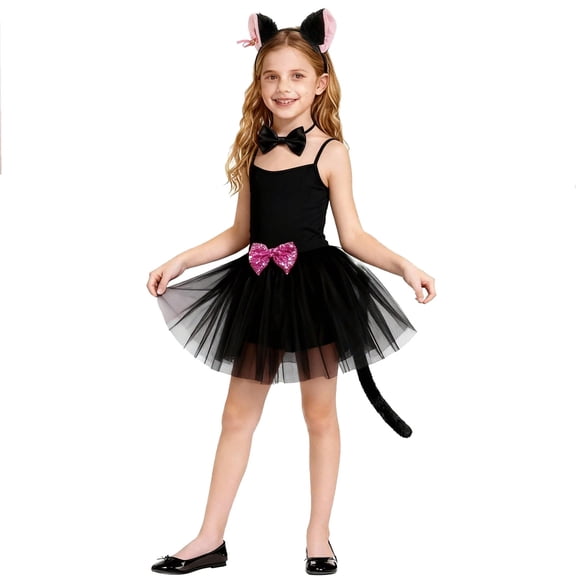 SJLDQY Carnival Toddler Girls Cat Dress Up Cute Lace Mesh Dresses With Headwear Outfits Funny Party Stage Performance Clothes Set