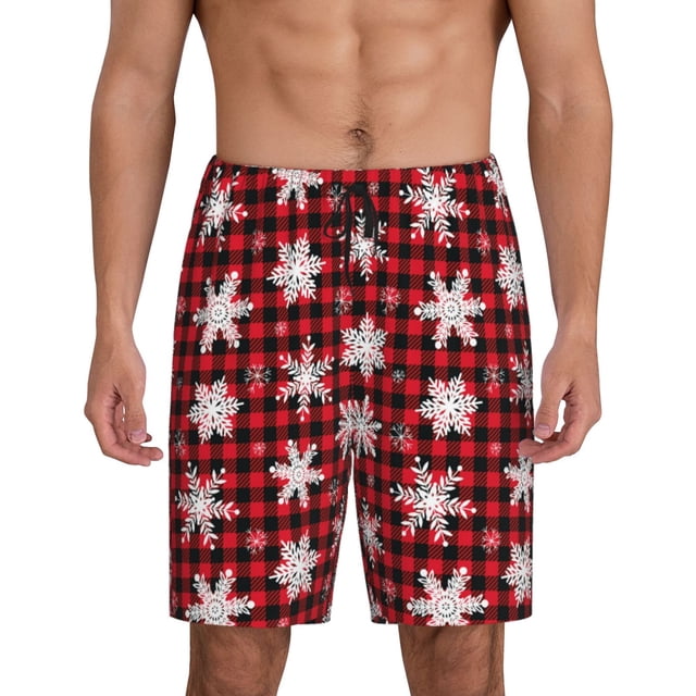 Saiise Shorts de Pyjama à Carreaux Rouges Flocon de Neige pour Hommes avec Cordon de Serrage Taille Élastique Shorts de Nuit Doux Confortables avec Poches-3TG