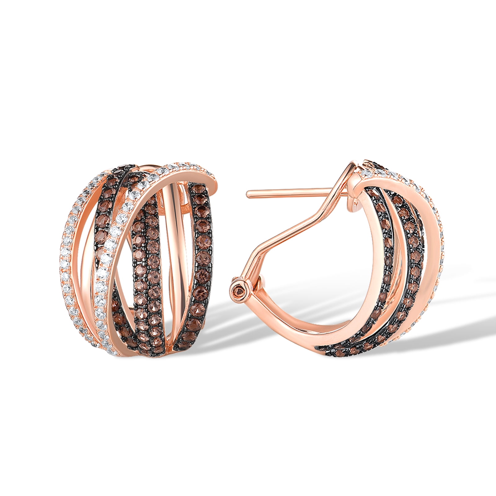 Santuzza 925 Sterling Silver Twisted Earrings Nano Brown Spinel White Cubic Zirconia Omega Back Earrings for Women