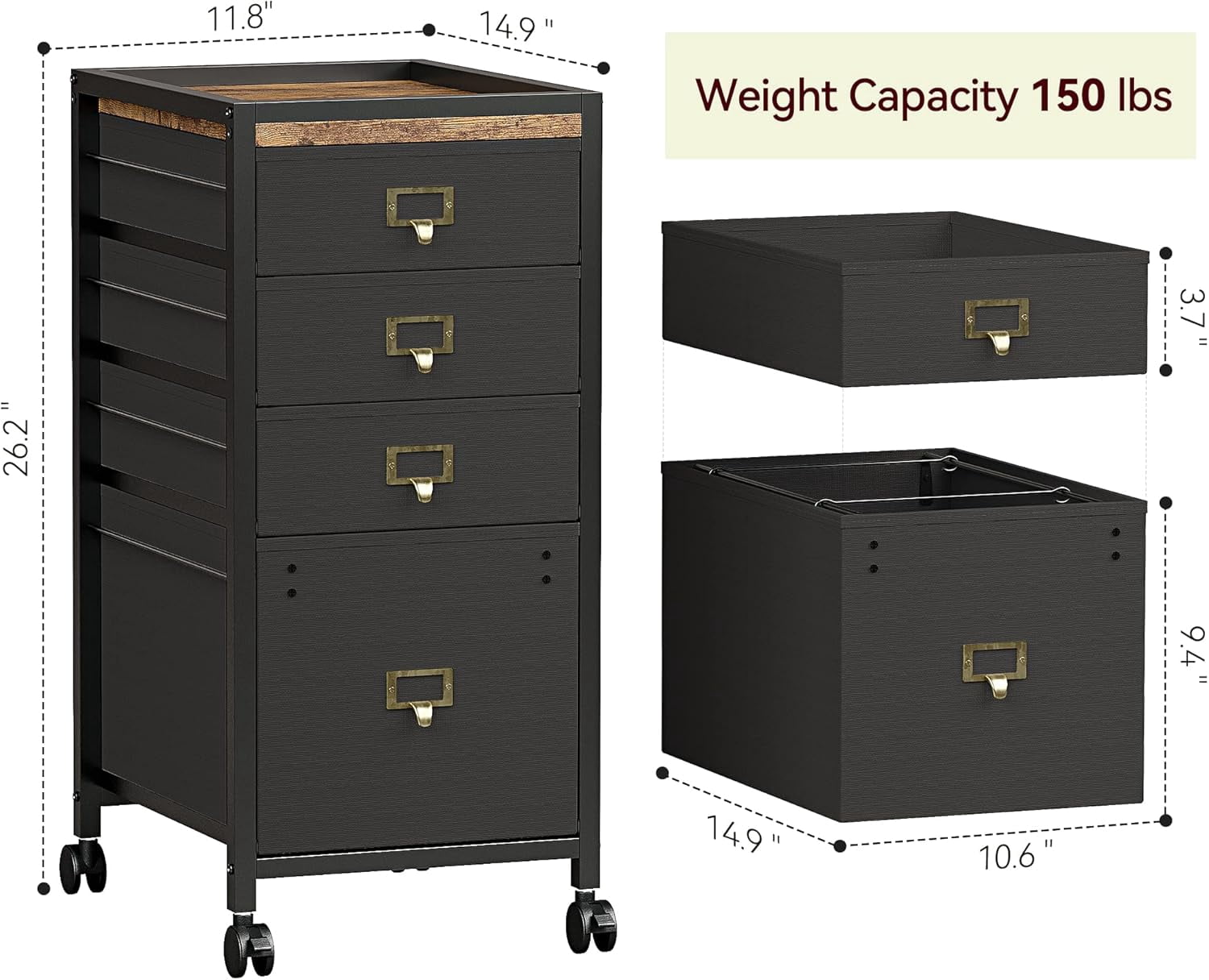 GAOMON File Cabinet with 4 Drawers, Rolling Vertical Filing Cabinet for Home Office, Letter & A4 Size Storage, Small Under Desk Cabinet on Wheels