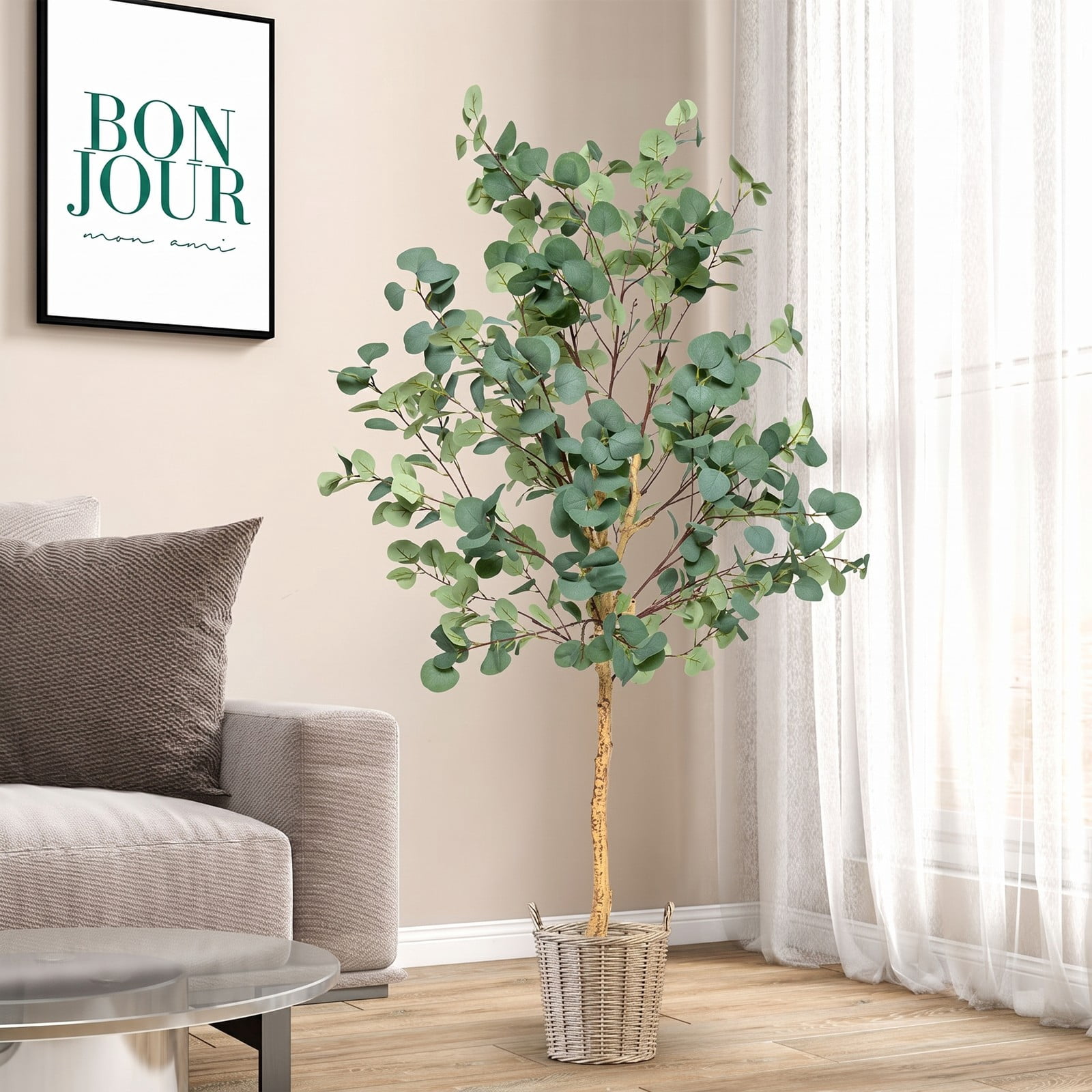 ALPULON 5.5 FT Artificial Eucalyptus Tree Set of 2, Faux Silver Dollar Tree with 517 Leaves and Cement Pot, Tall Fake Plant for Indoor Home Office Living Room, Green