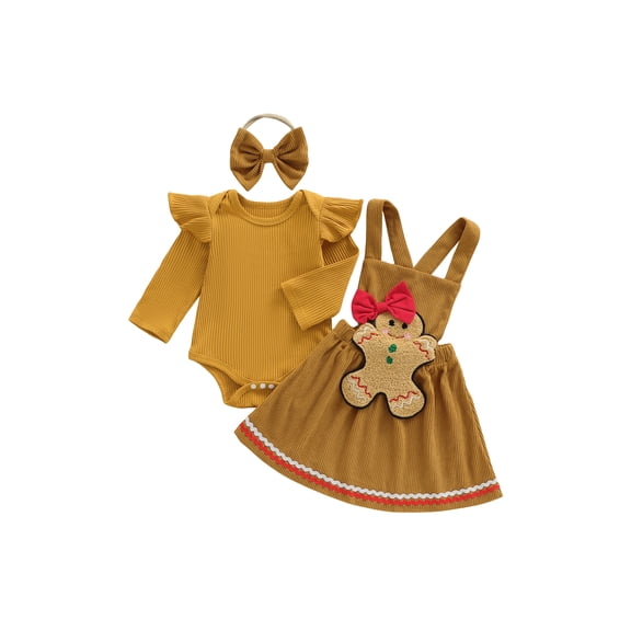 BemeyourBBs Newborn Baby Girl Christmas Outfit Rib Knit Romper Gingerbread Man Suspender Overall Dress Headband Cute Clothes Set