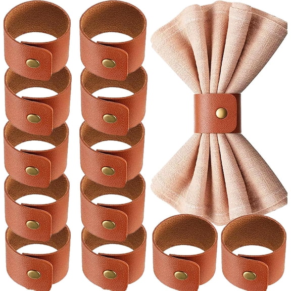 12 PCS Leather Napkin Rings Vintage Buckle Napkin Holder for Table Decor, Wedding, Fall Dinner Party Thanksgiving Day Table Napkin Ring Ornaments Classic Brown Leather Napkin Rings