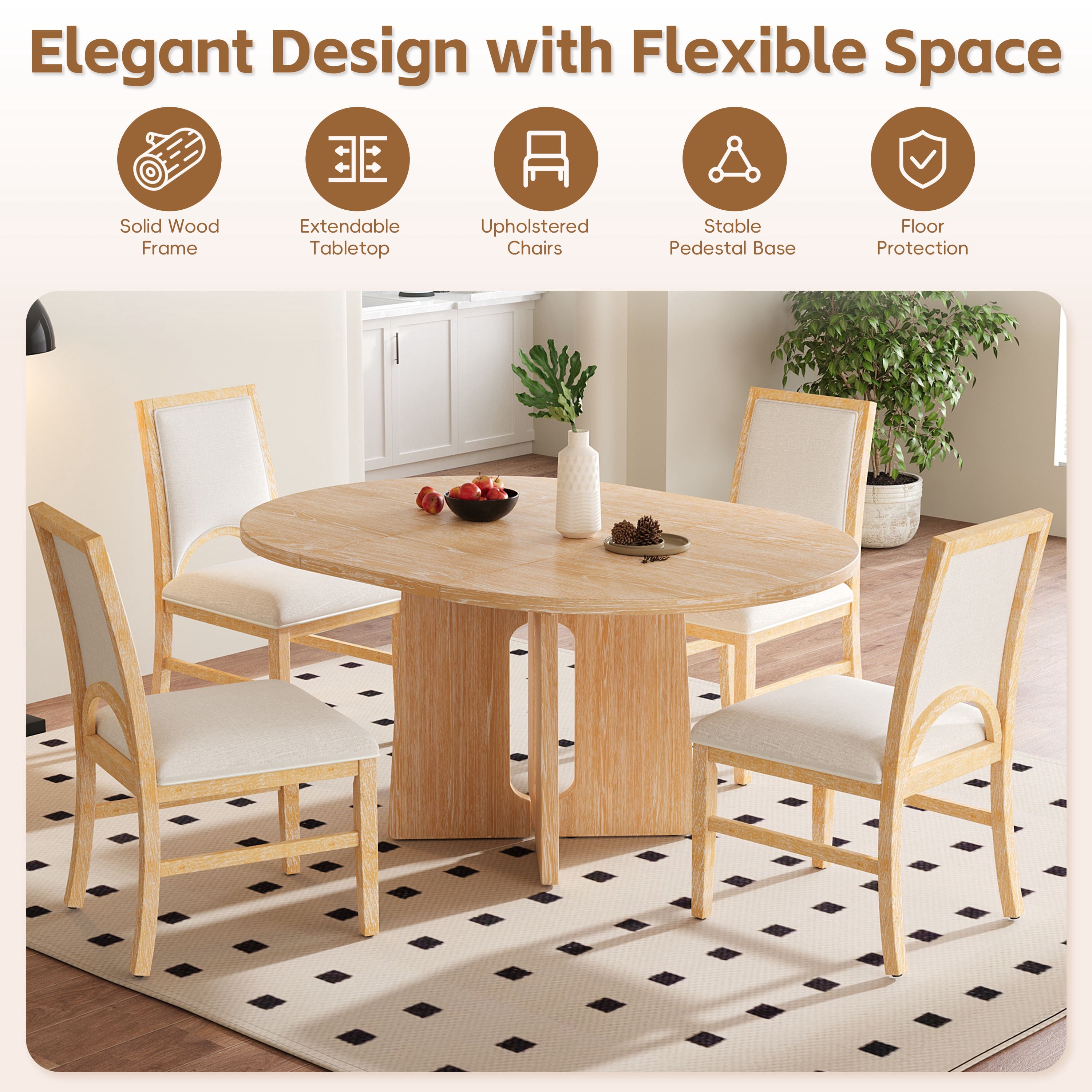 Euroco 5 Piece Wood Round Dining Table Set for 4, 41.3"-57.3" Extendable Kitchen Table Set with 4 Upholstered Chairs & Removable Leaf for Kitchen,Dining Room,Natural
