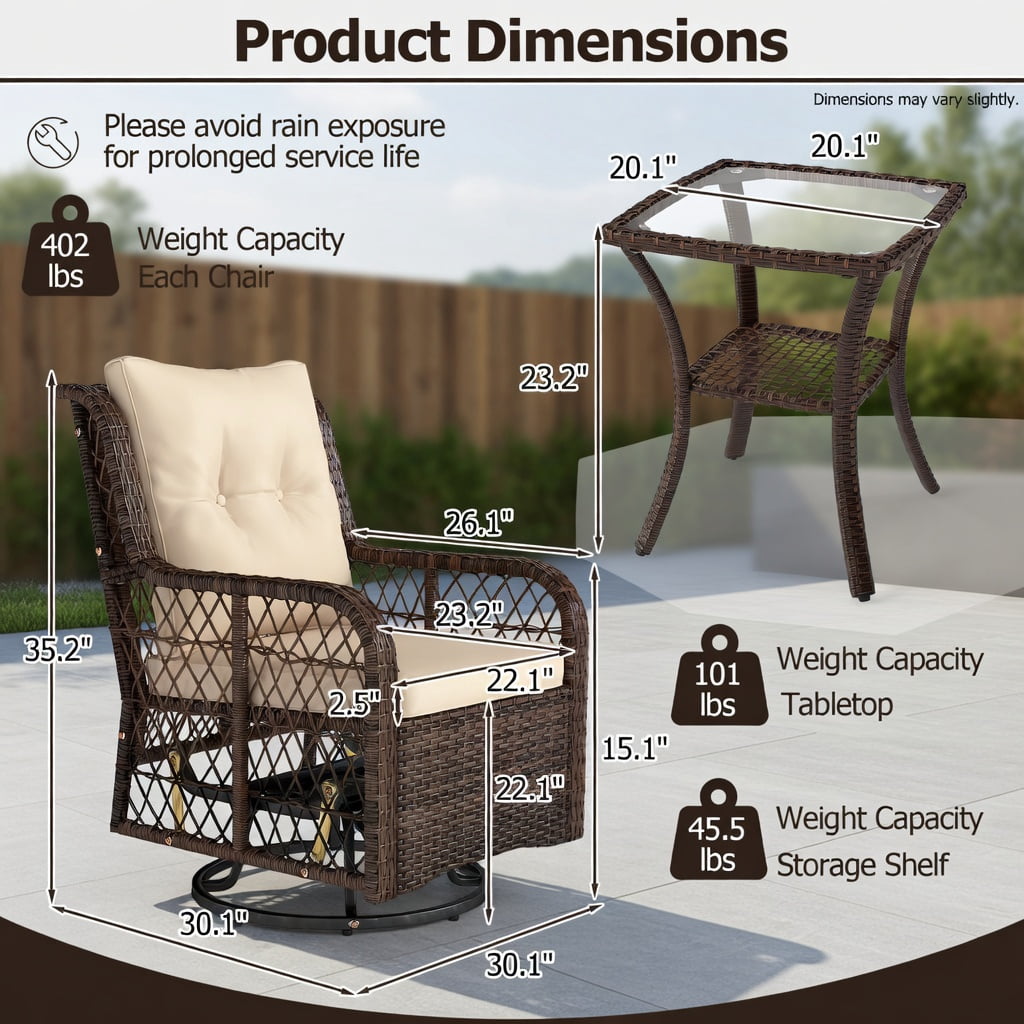 Hommoo 3-Piece PE Wicker Patio Furniture Set, Swivel Glider Chairs with 2-Tier Tempered Glass Side Table & All-Weather Cushions, Rattan Outdoor Seating for Porch, Backyard, Garden, Brown