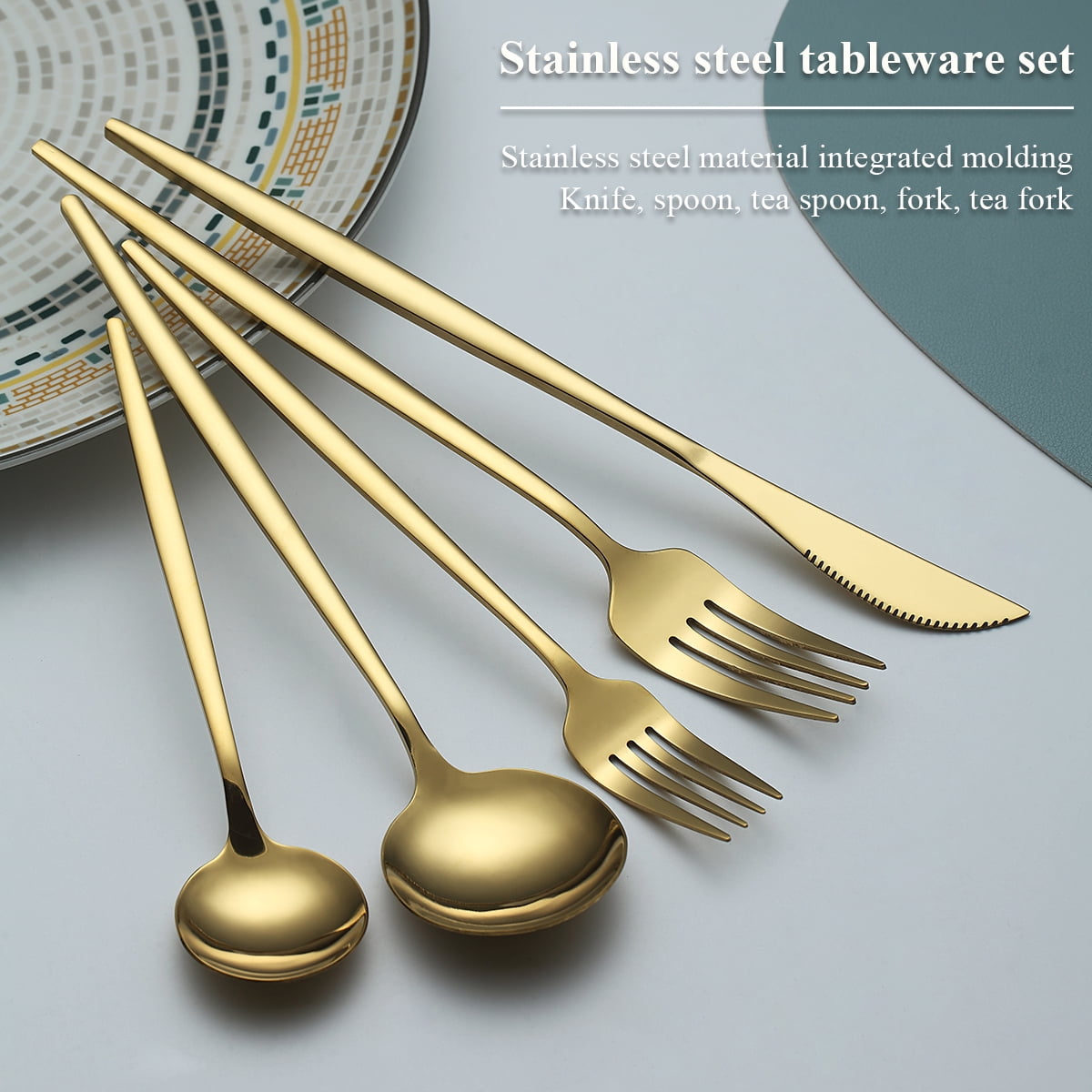ReaNea Gold Silverware Set 60 Piece Stainless Steel Flatware Set, Knives Forks Spoons Cutlery Set Service for 12