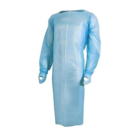 Disposable Isolation Gowns for Medical & Dental Patient Exam, Level 4, 40 GSM CPE, Apron Style Open Back, Waist Tie, Long Sleeve, Thumb Loop Wrists, One Size Fits All, Blue - Pack of 75