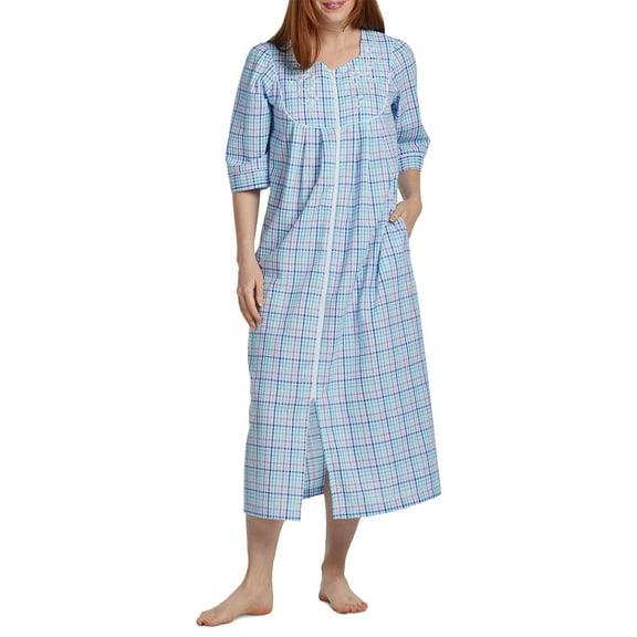 Miss Elaine Women's 3/4-Sleeve Plaid Zip Seersucker Robe - Navy Turquoise Plaid, Size Medium