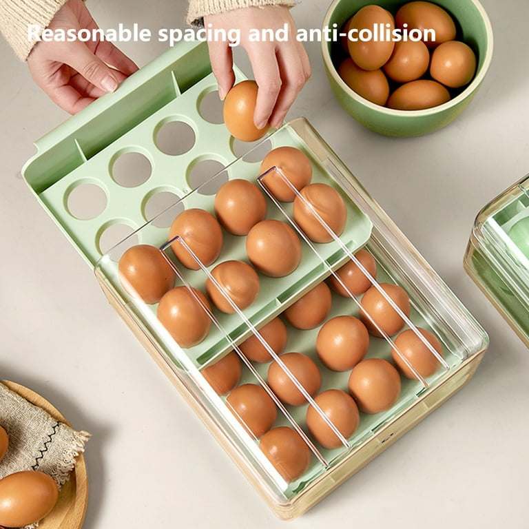 Sdjma Plastic Egg Holder for Refrigerator,Auto Rolling Egg Container with Lid and Handle, Large Capacity Egg Storage Box Holds 32 Eggs,Clear Stackable