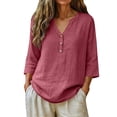 thumbnail image 2 of Linen Shirts for Women Dressy Shirts Women's Tops, Tees & Blouses V Neck Summer Shirts Blouses for Women Dressy Casual Vneck Tshirts Shirts Linen Tunic T-Shirts for Women Gauze Shirts Hot Pink L, 2 of 9
