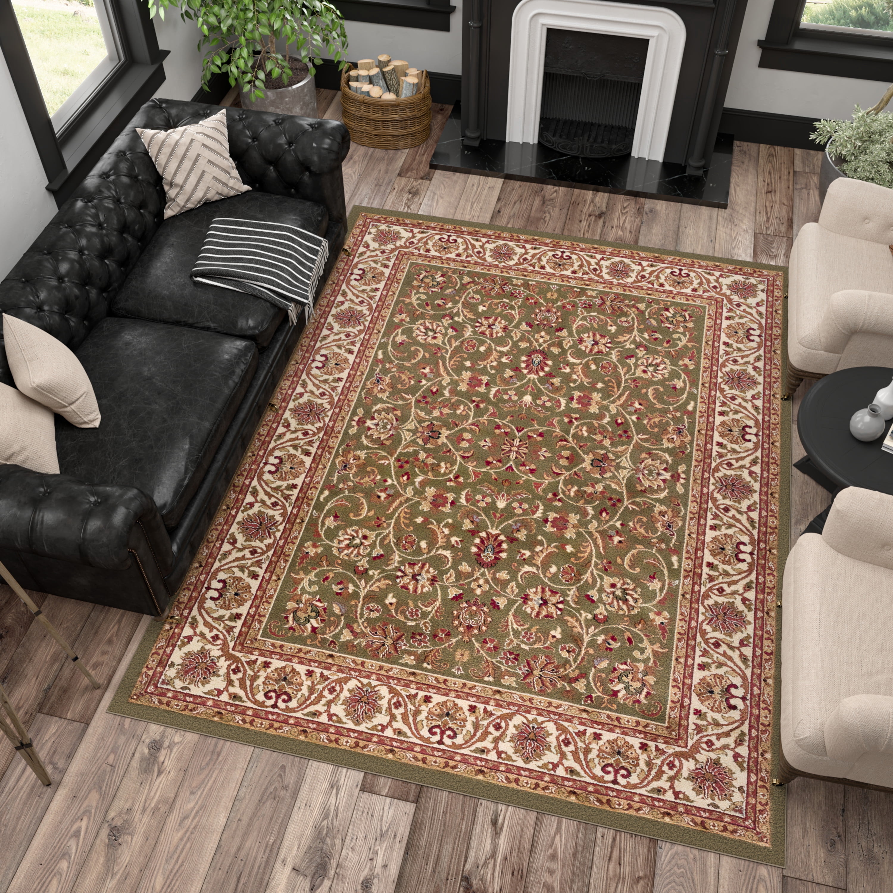 Sensation Traditional 6.7' x 9.6' Green and Beige Polypropylene Indoor Area Rug