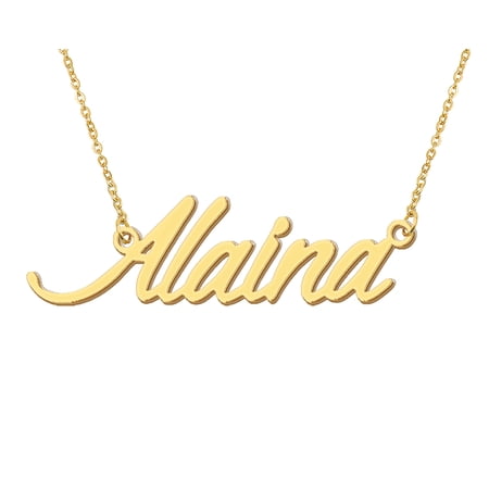 HUAN XUN 18k Gold Plated Alaina Name Necklace Stainless Steel Nameplate Necklaces for Womens Mens Mother Day Christmas Jewelry Gift