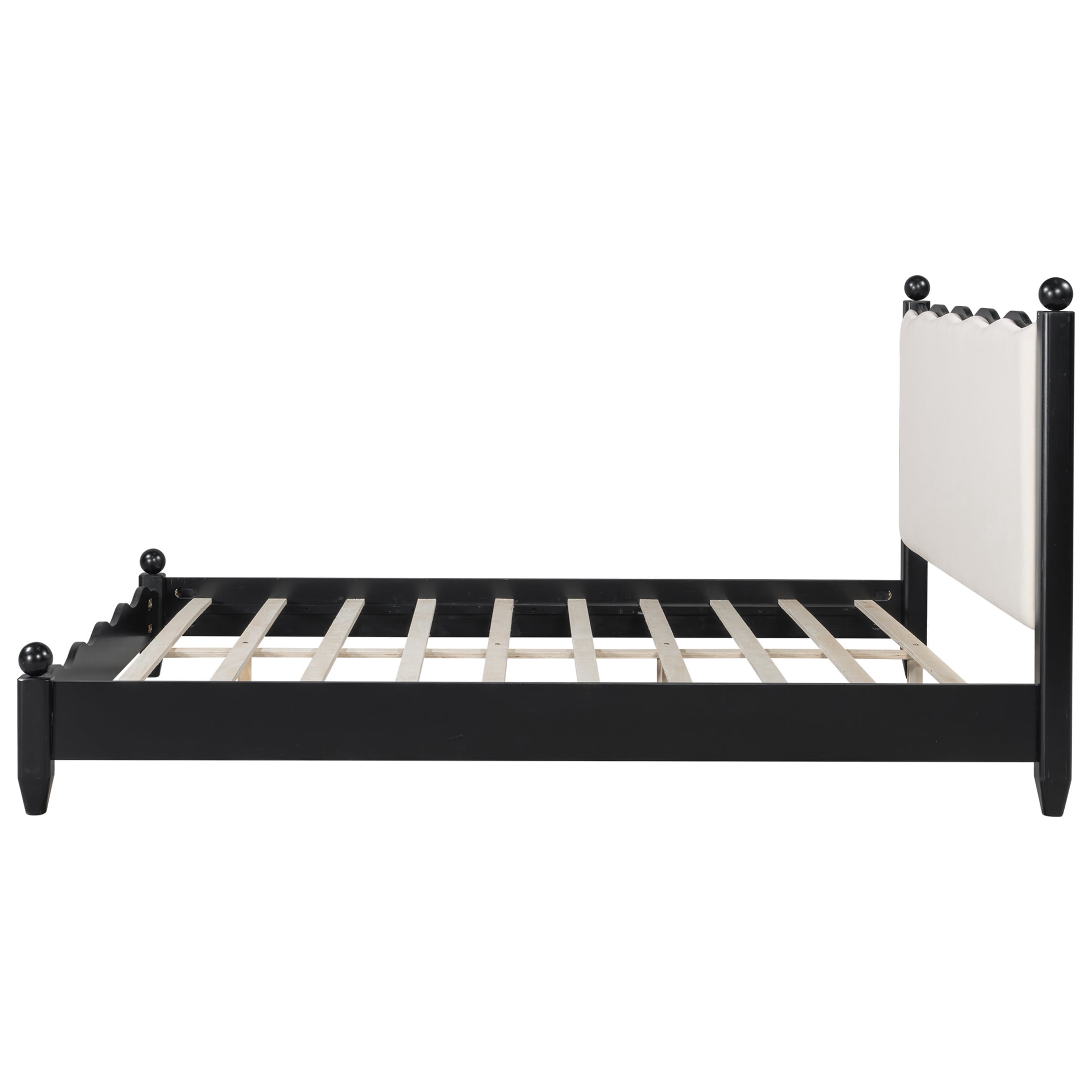 Noble House Lorven Queen Size Platform Bed with Scalloped Upholstered Headboard, Pine Wood Frame, Beige & Black