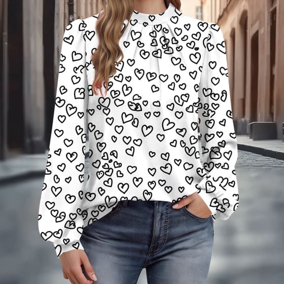 Women's Long Sleeve Shirts Loose Mock Neck Tops Dressy Pleated Front Blouses Back Button Lantern Sleeve Casual Fall Fashion Printed Sweatshirts Pullover