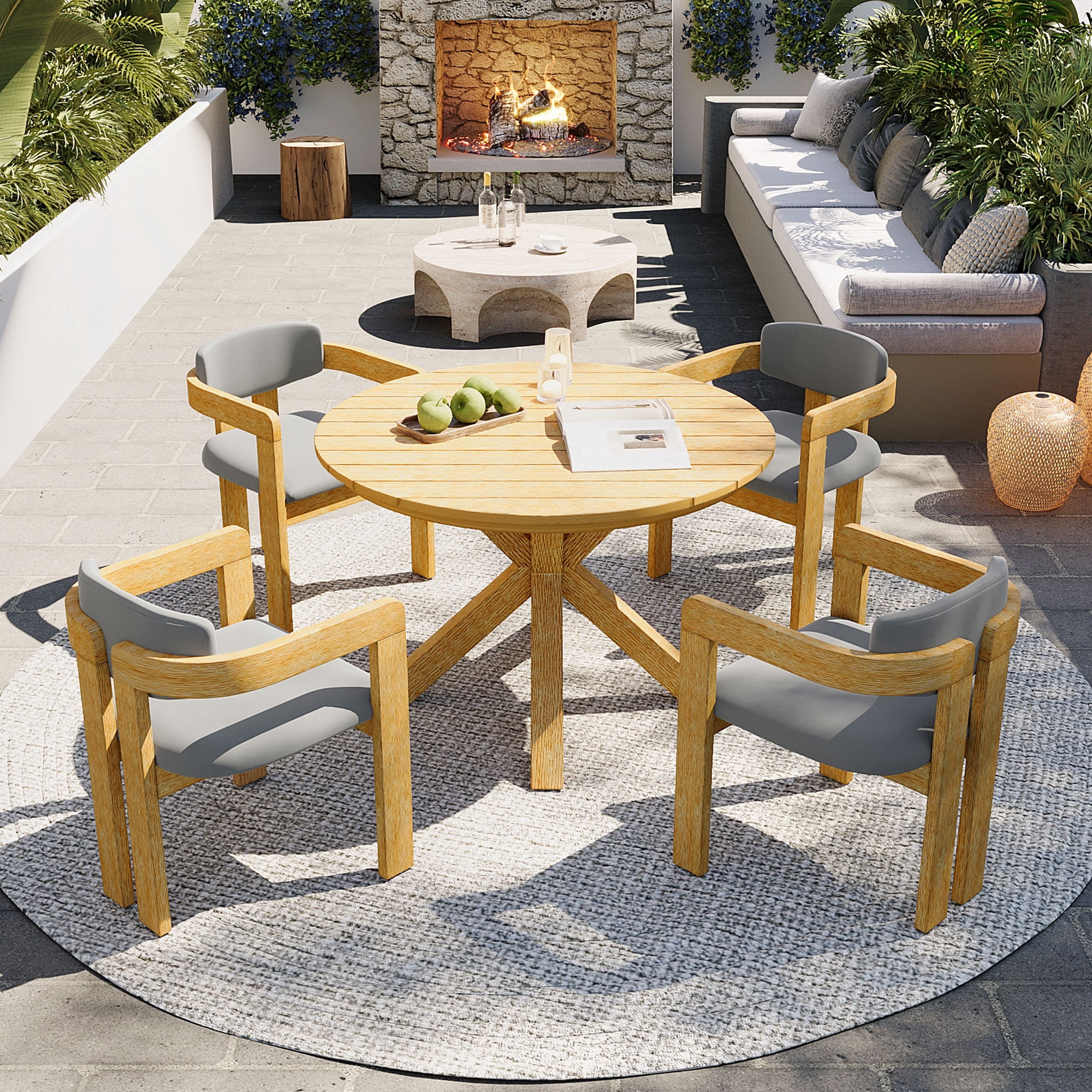 Mintazer 5 Piece Outdoor Dining Set, Patio Dining Set with Round Table & 4 Barrel Chairs, Modern Garden Conversation Set with Cushions for Patio Garden Balcony Backyard, Natural & Gray