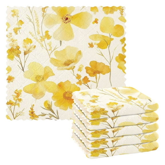 6 Pieces of Kitchen Towels 11x11Inch Kitchen Dish Cloths Kitchen Dish Towels Reuseable Cleaning Cloths Yellow Flowers Seamless